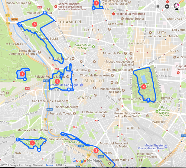 Map of Running Routes in Central Madrid